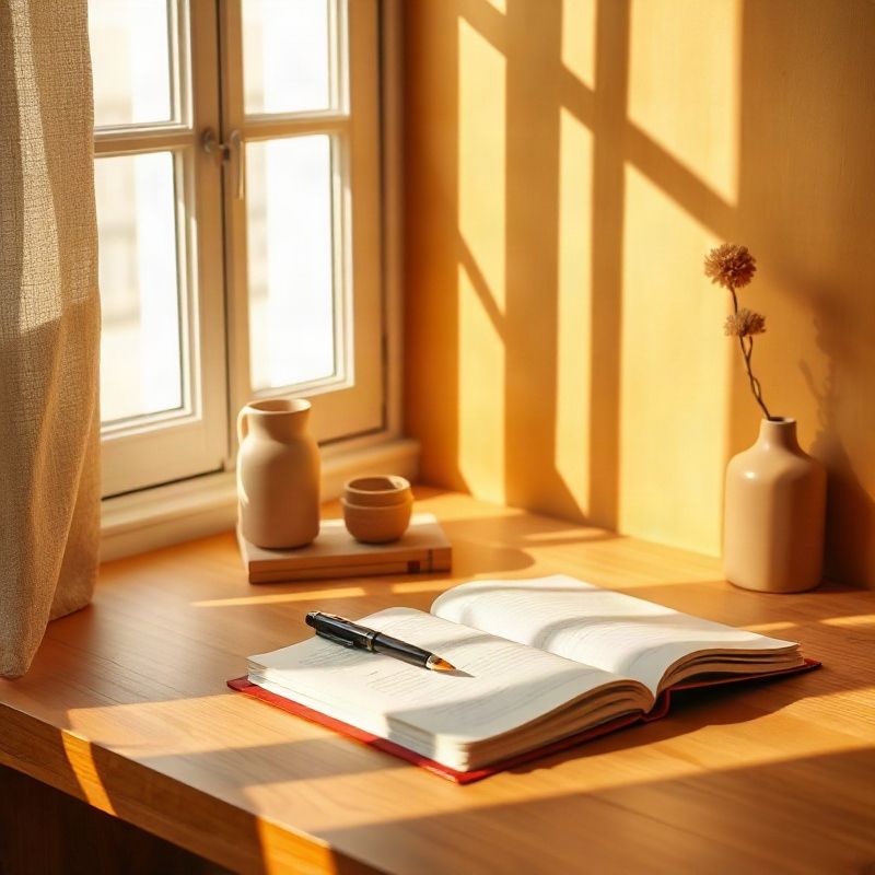 Escritorio cálido con cuaderno abierto y bolígrafo, composición minimal-moderna